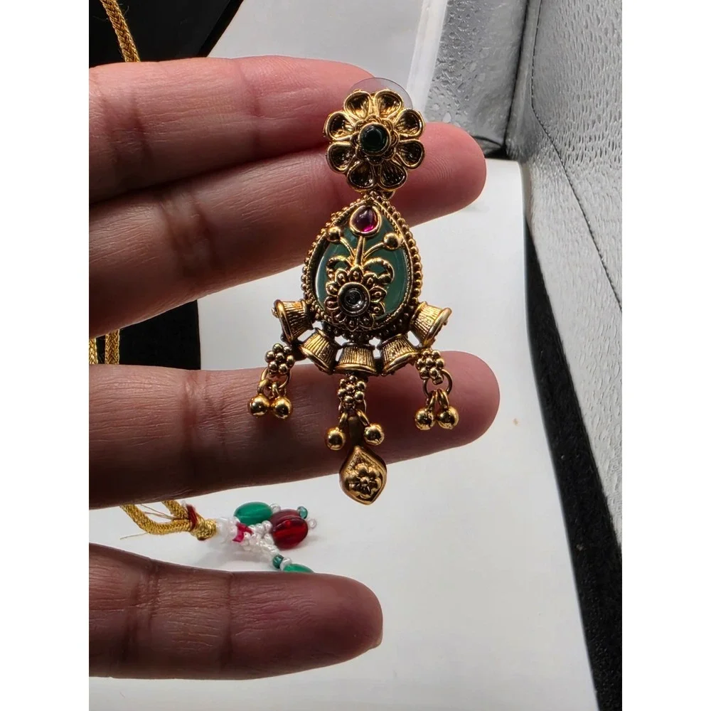 Indian Kundan Style Elephant Necklace Earrings Set Gold Tone Green Red Bridal